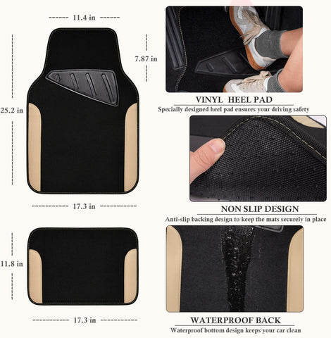 CAR PASS Waterproof Car Floor Mat, Universal Fit Car Mats with Driver Heel Pad, Leather Car Carpet, Anti-Slip Nibbed Backing Floor Mats for SUV, Vans,Sedan,Truck, Automotive Floor Mats (Black Beige)