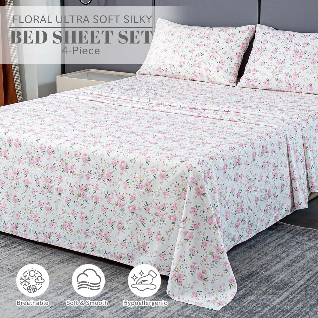 Bedlifes Floral Pattern Bed Sheet Set Queen Size, 16" Deep Pocket 4PCS