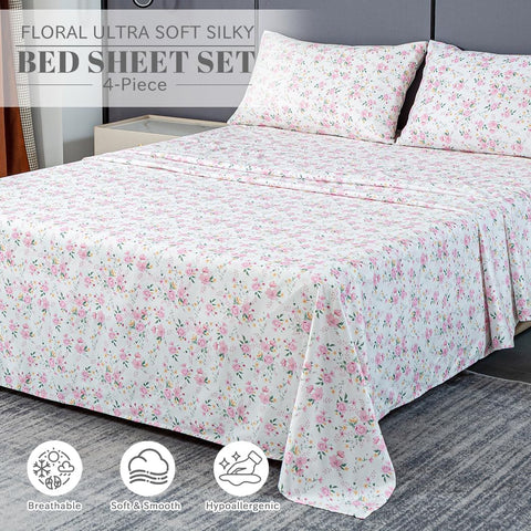 Bedlifes Floral Pattern Bed Sheet Set Queen Size, 16" Deep Pocket 4PCS