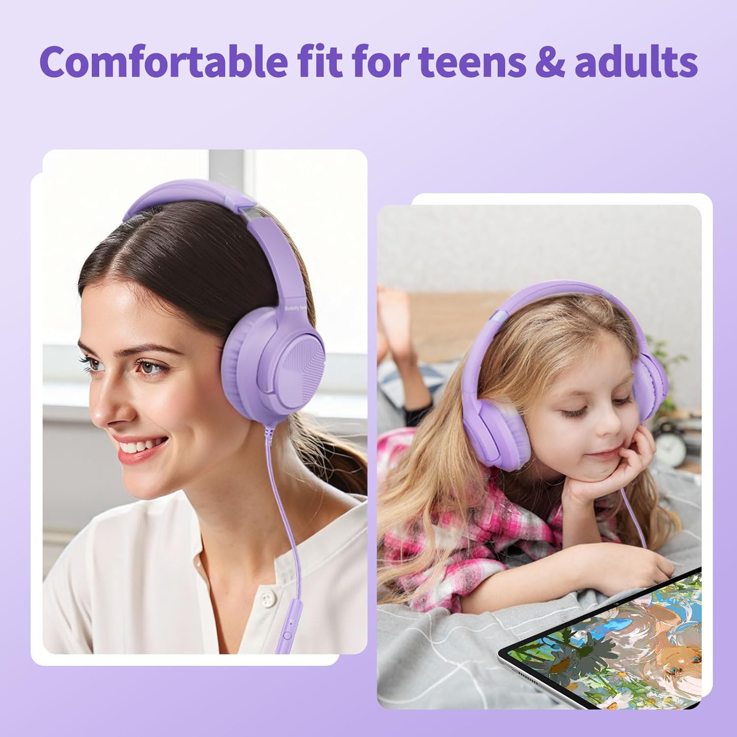 Headphones Wired with Microphone for School, 3.5mm Corded Headphone, Purple