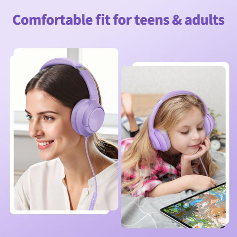 Headphones Wired with Microphone for School, 3.5mm Corded Headphone, Purple