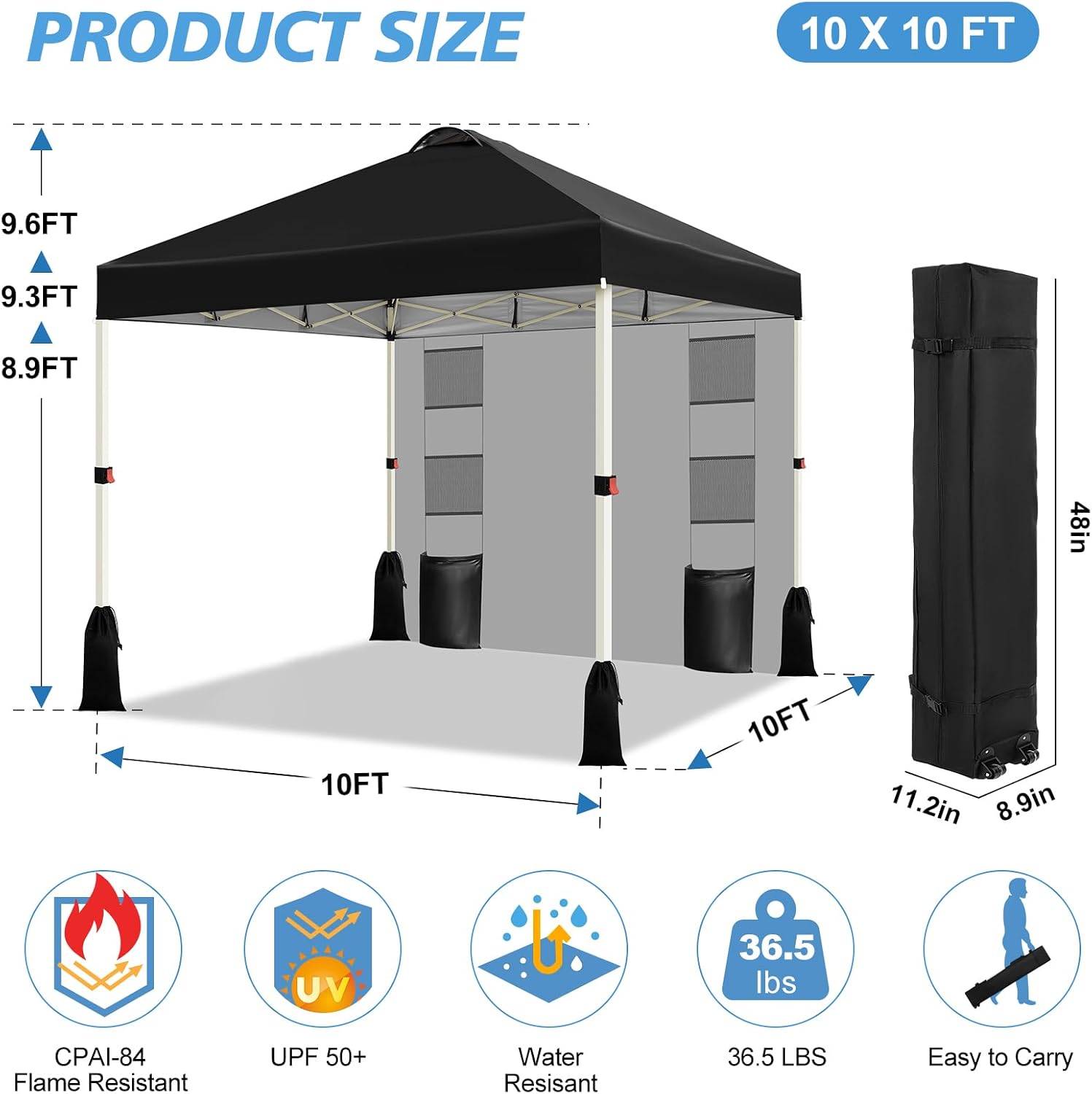 WEIZE 10x10 Pop Up Canopy Tent, 1-Button Push Setup Canopy Tent with 1 Sidewall, Adjustable Height Instant Portable Shelter,Portable Roller Bag, Easy Outdoor Sun Shade for Events,4 Weight Bags,Black