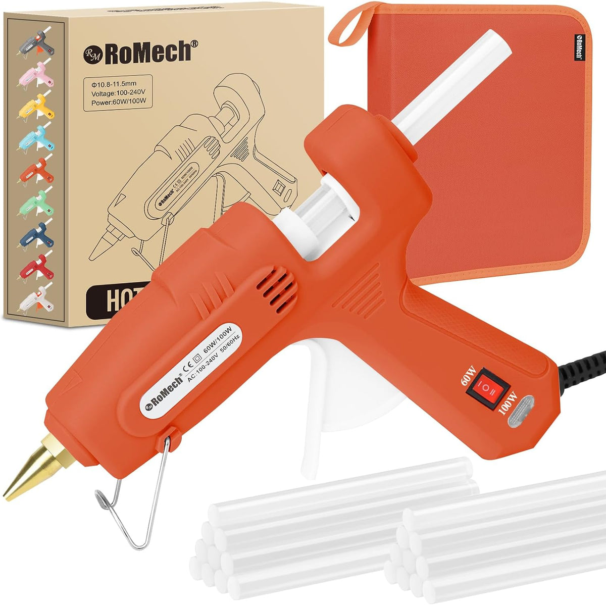 RoMech 60/100W Dual Temp Hot Glue Gun and Sticks Set, Full Size with Case