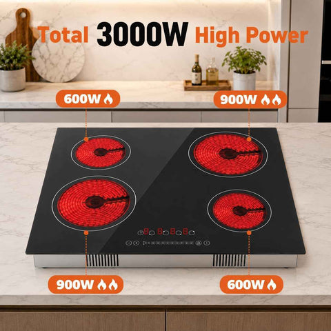24 Inch Electric Cooktop, 4 Burners Built-in Electric Stove Top Hot Plate 3000W Drop-in Ceramic Cooktop Kitchen Stoves with Touch Control Safety Lock Timer 110-120v (Hard Wired No Plug)