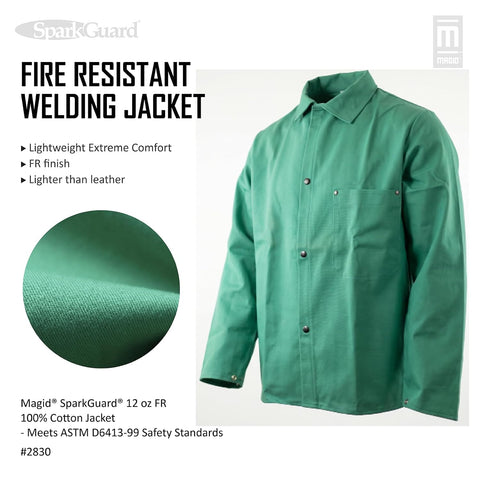 MAGID SparkGuard Flame Resistant Green Welding Jacket | 1 Jacket | 12 oz. Heavyweight 100% Cotton Sateen | ASTM D6413 | Men's | 2830