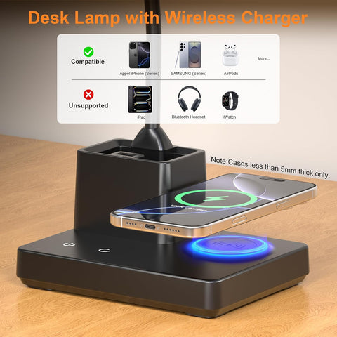 Wireless Charging Desk Lamp USB Charging & Pen Holder, Matte Black