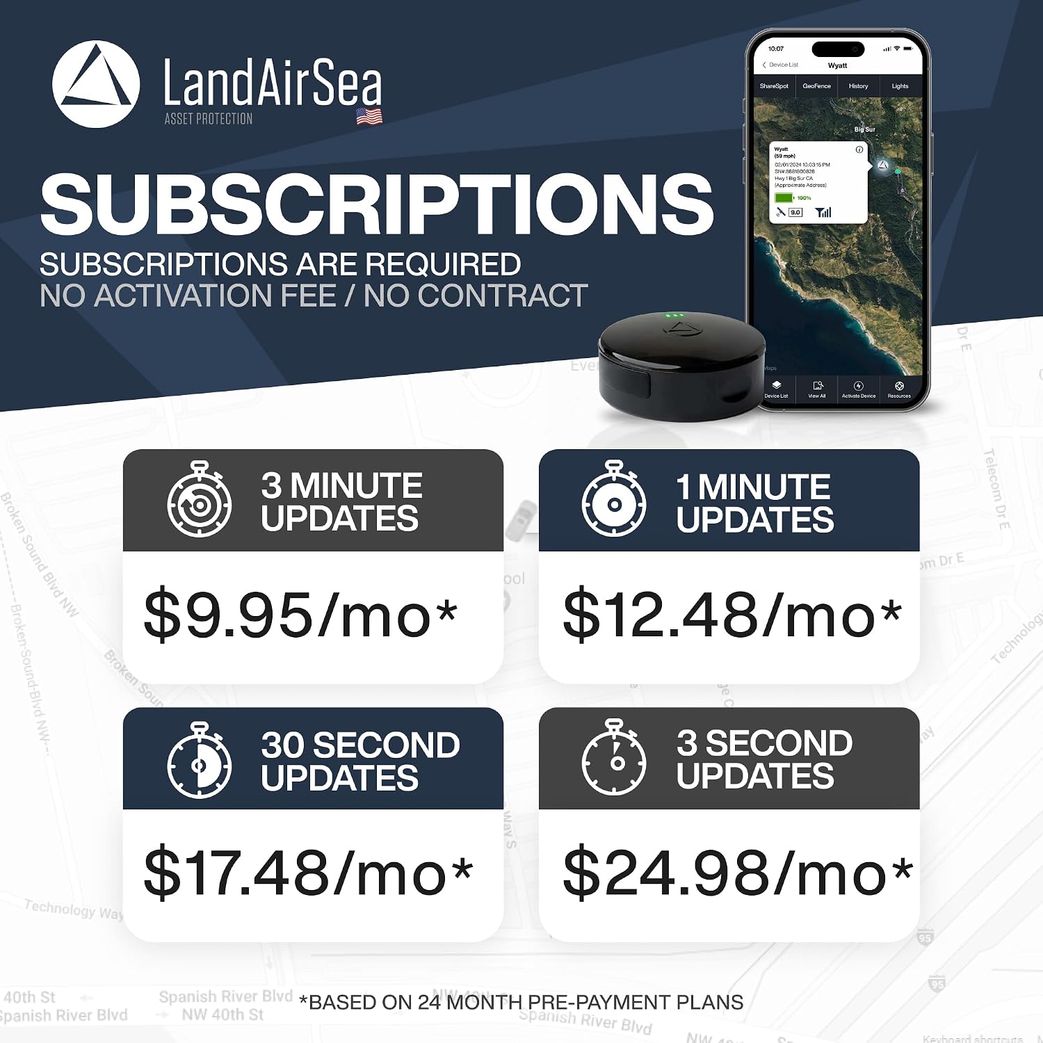 LandAirSea Overdrive GPS Tracker — Extended Life Battery, Magnetic, and Waterproof. Commercial GPS Tracker for Vehicles, Trailers, Equipment, and Assets. Real-Time Global Tracking.