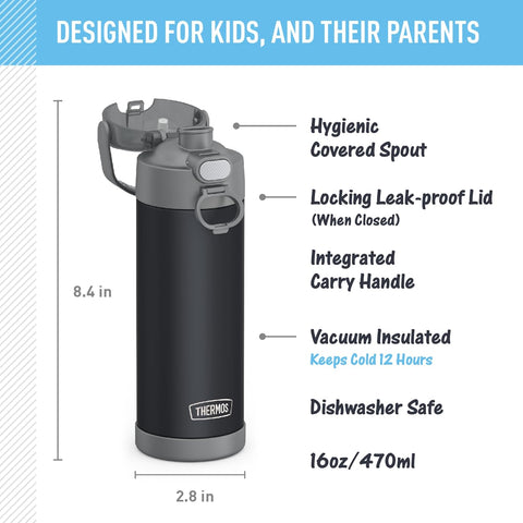 THERMOS FUNTAINER Water Bottle with Spout, 16oz, Matte Charcoal