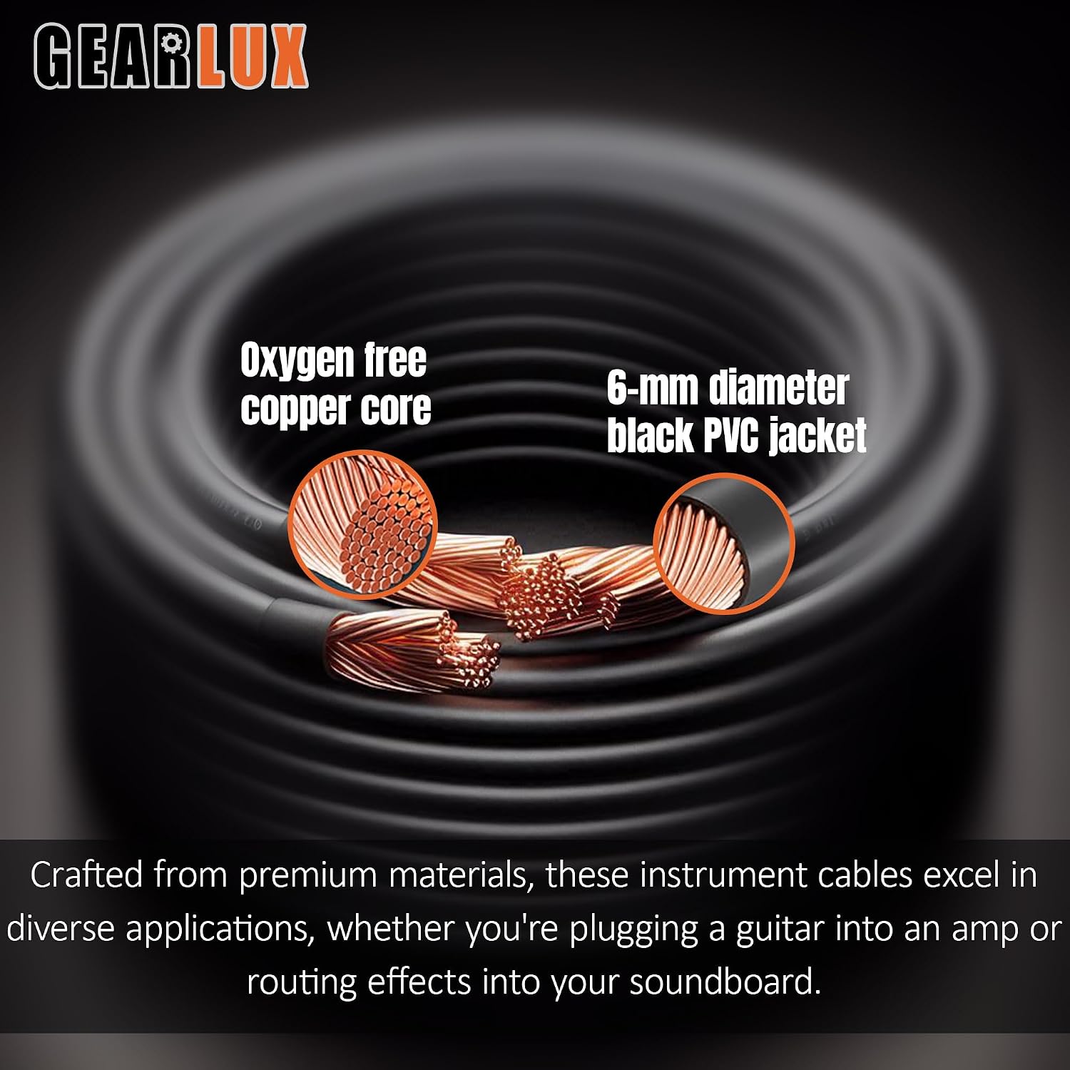 Gearlux Instrument Cable/Guitar Cable, 1/4 Inch, Straight to Straight, Black, 6 Feet - Single Pack