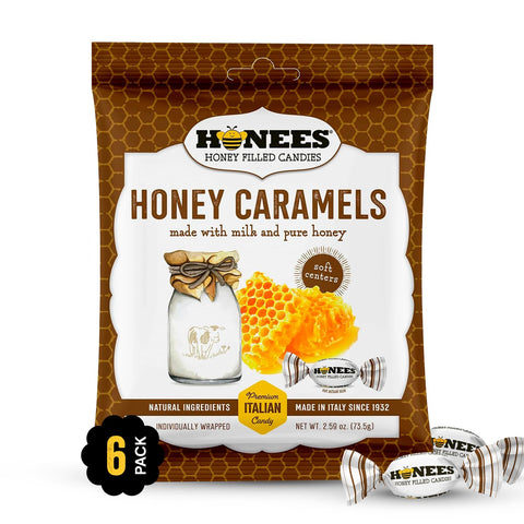 Honees Honey Caramels Hard Candy Individually Wrapped | Natural & Healthy Candy, Italian Made with Milk & Pure Honey, 6 Pack (17.1 oz)
