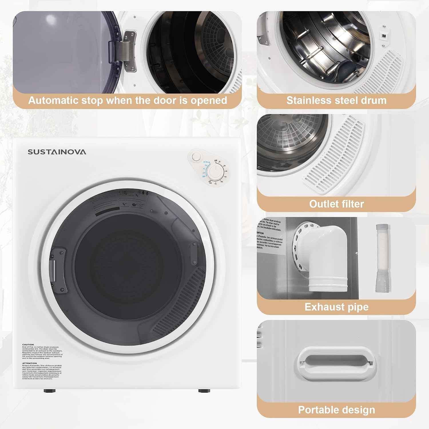 Elevon Portable Clothes Dryer 1350W, Compact Dryer for laundry with 5 Drying Modes, 2.6 Cu.ft Front Load Dryer Machine, Stainless Steel Tub for Small Space, RVs, Overheat Protection, Black & White