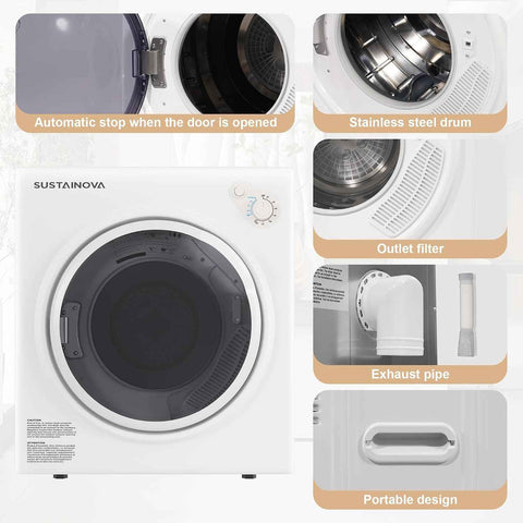 Elevon Portable Clothes Dryer 1350W, Compact Dryer for laundry with 5 Drying Modes, 2.6 Cu.ft Front Load Dryer Machine, Stainless Steel Tub for Small Space, RVs, Overheat Protection, Black & White