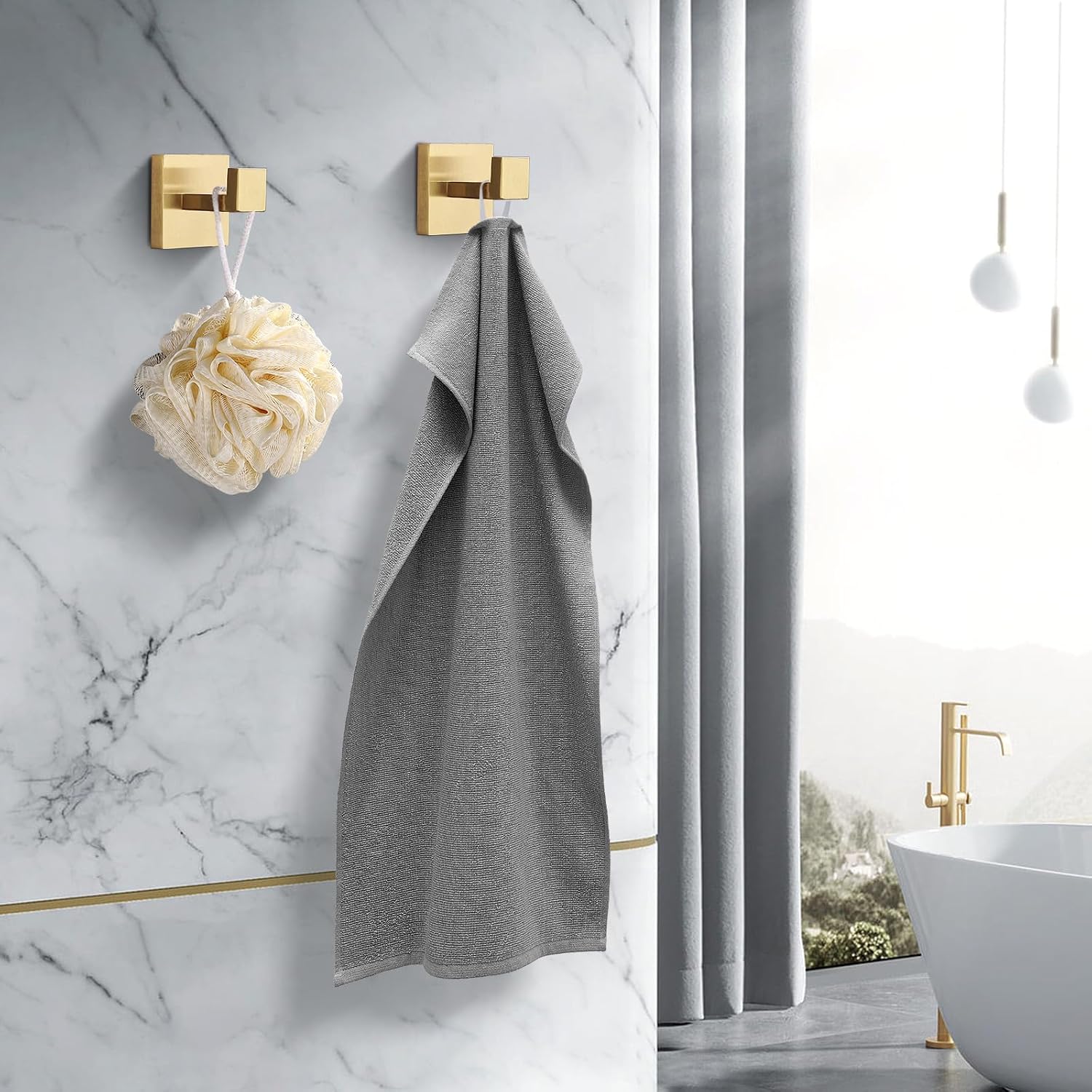 Heavy Duty Stainless Steel Towel Hooks, Wall Mounted Square Robe Hooks for Bathroom, Kitchen, Bedroom, Hotel Brushed Gold 2 Pack