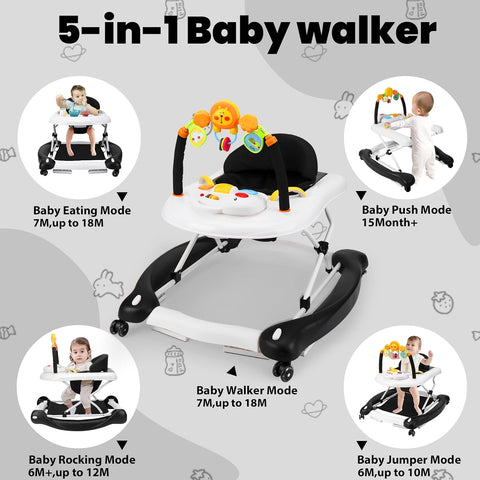 Boyro Baby Baby Walker, 5-in-1 Black Baby Walkers for Boys and Girls 6-12 Months with Bouncer, Removable Footrest, Feeding Tray & Music, Foldable & Adjustable Walker for 6-18 Months Toddler Infant