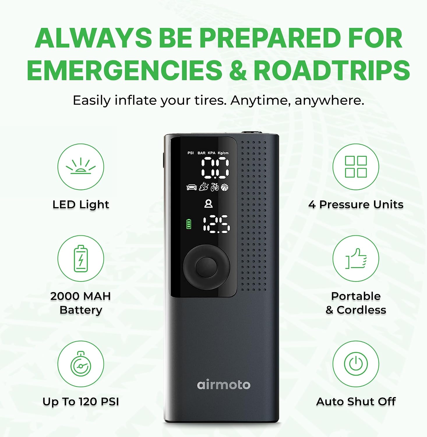 Airmoto Portable Tire Inflator and Car and Home Charger Bundle