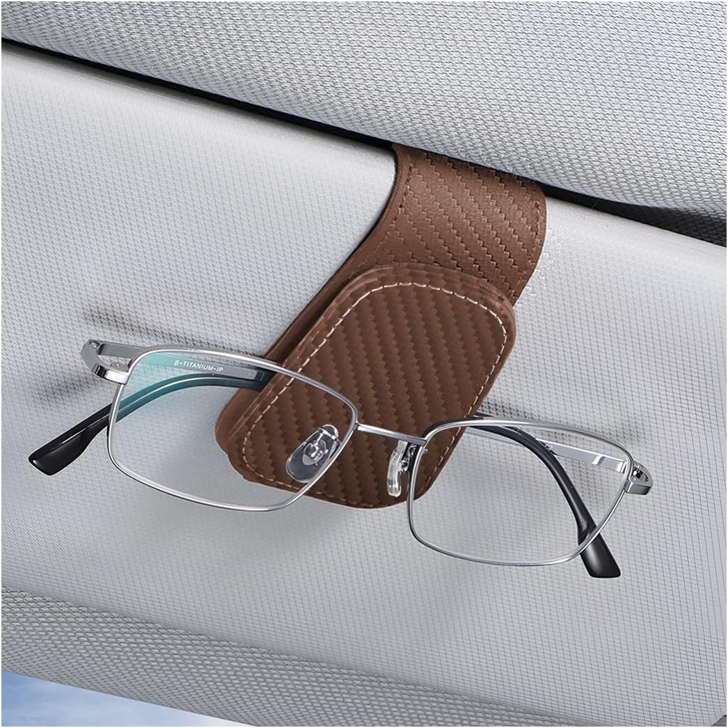 AICEL Sunglasses Holders for Car Sun Visor, Leather Magnetic Clip, Brown
