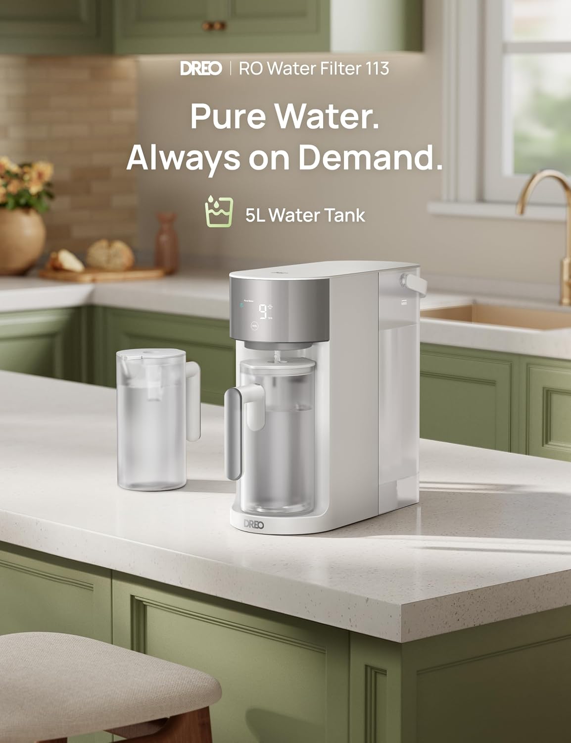 DREO Reverse Osmosis Water Filter Countertop, RO Filtration System, 3:1 Pure to Drain, TDS & Filter Life & 2 Autofill Pitchers, Install-Free, Self-Cleaning Water Purifier, RO Water Filter