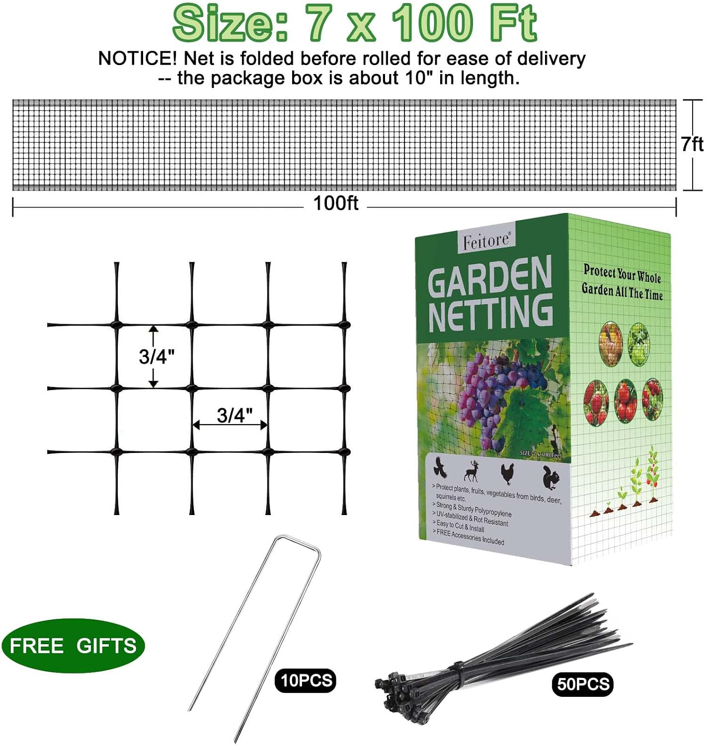 Feitore Deer Fence Netting, 7x100ft Garden Net Bird Netting,Reinforced Edge