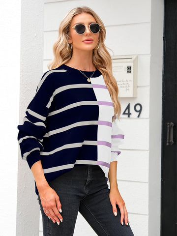 Fisoew Womens Striped Pullover Sweater Crew Neck Long Sleeve Loose Sweaters