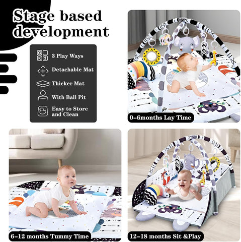 Baby Gym Play Mat, 8-in-1 Tummy Time Mat & Activity Gym, Washable Ball Pit, Infant Play Mat with Detachable Toys for Sensory Exploration and Motor Skill Development