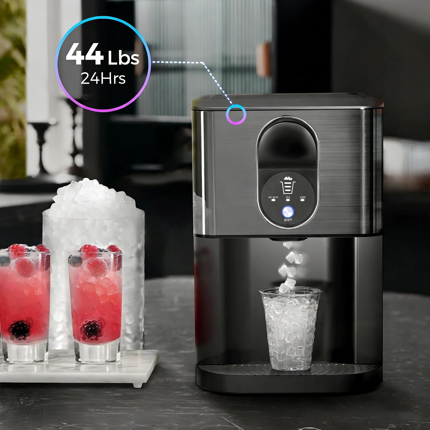 Kismile Countertop Nugget Ice Maker, 44Lbs/24H Self-Cleaning, Black