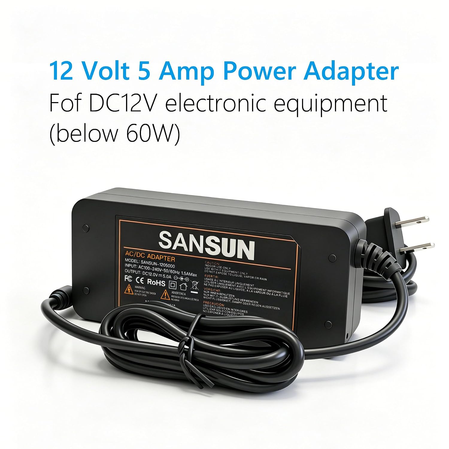 12V 5A Power Supply, AC 120V to DC12V 5.5x2.1mm Jack Converter, 12 Volt LED Driver 60W Adapter Transformer for Strip Lights, Surveillance Cameras, External HDD, Monitor, CCTV (Pack of 1)