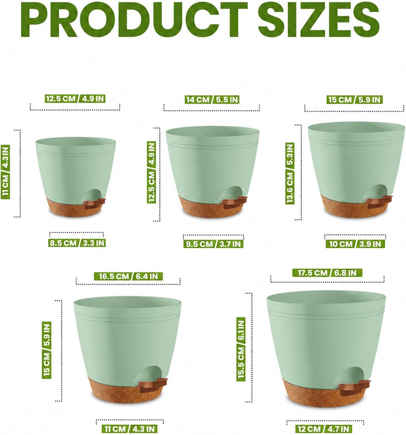 Utopia Home Self Watering Pots for Indoor Plants 6.8"/6.4"/5.9"/5.5"/4.9" Set of 5, Planters for Indoor Plants, Small Multi-Size Flowerpot, Plant Pots with Drainage & Reservoir (Olive Green)