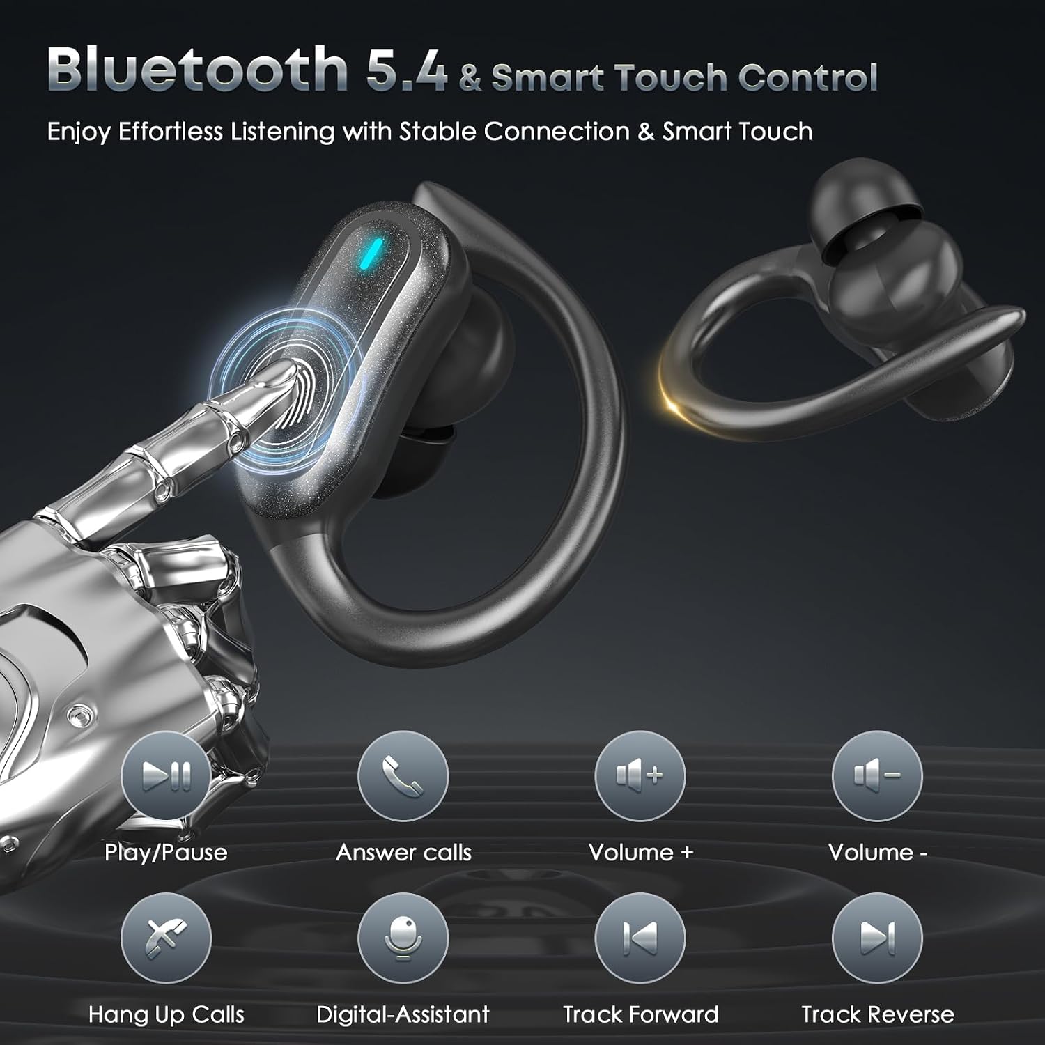 Wireless Earbuds Bluetooth Headphones, 54H Playtime Stereo Over Ear Buds with ENC Noise Cancelling, LED Power Display, IPX7 Waterproof Sport Earphones with Earhooks for Running/Workouts (Black)