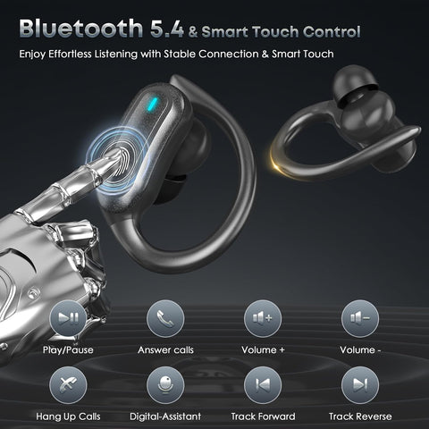 Wireless Earbuds Bluetooth Headphones, 54H Playtime Stereo Over Ear Buds with ENC Noise Cancelling, LED Power Display, IPX7 Waterproof Sport Earphones with Earhooks for Running/Workouts (Black)