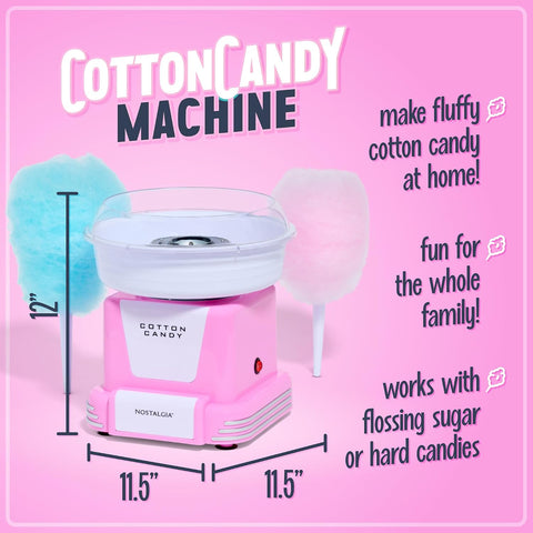Nostalgia Cotton Candy Machine -Cotton Candy Maker With 2 Reusable Cones, 1 Sugar Scoop - Cotton Candy Machine for Kids Works with Flossing Sugar or Hard Candy for Fun & Convenience-Pink