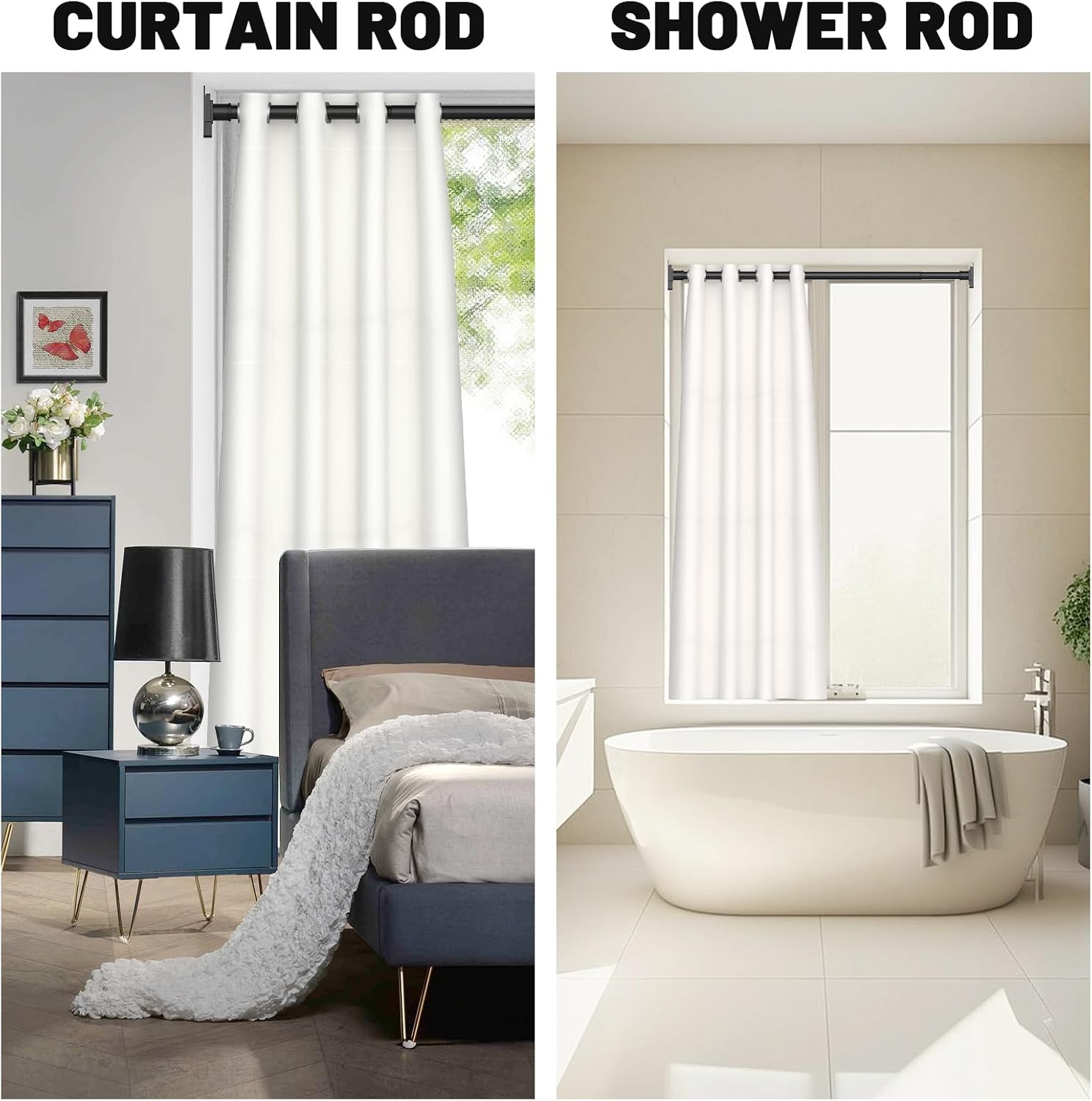 UIOSANRT Matte Black Shower Curtain Rod 31-79 inches with Holders, Stainless Steel Shower Rod & Tension Rod, Adjustable Tension Shower Curtain Rod for Bathroom, Windows, Closet