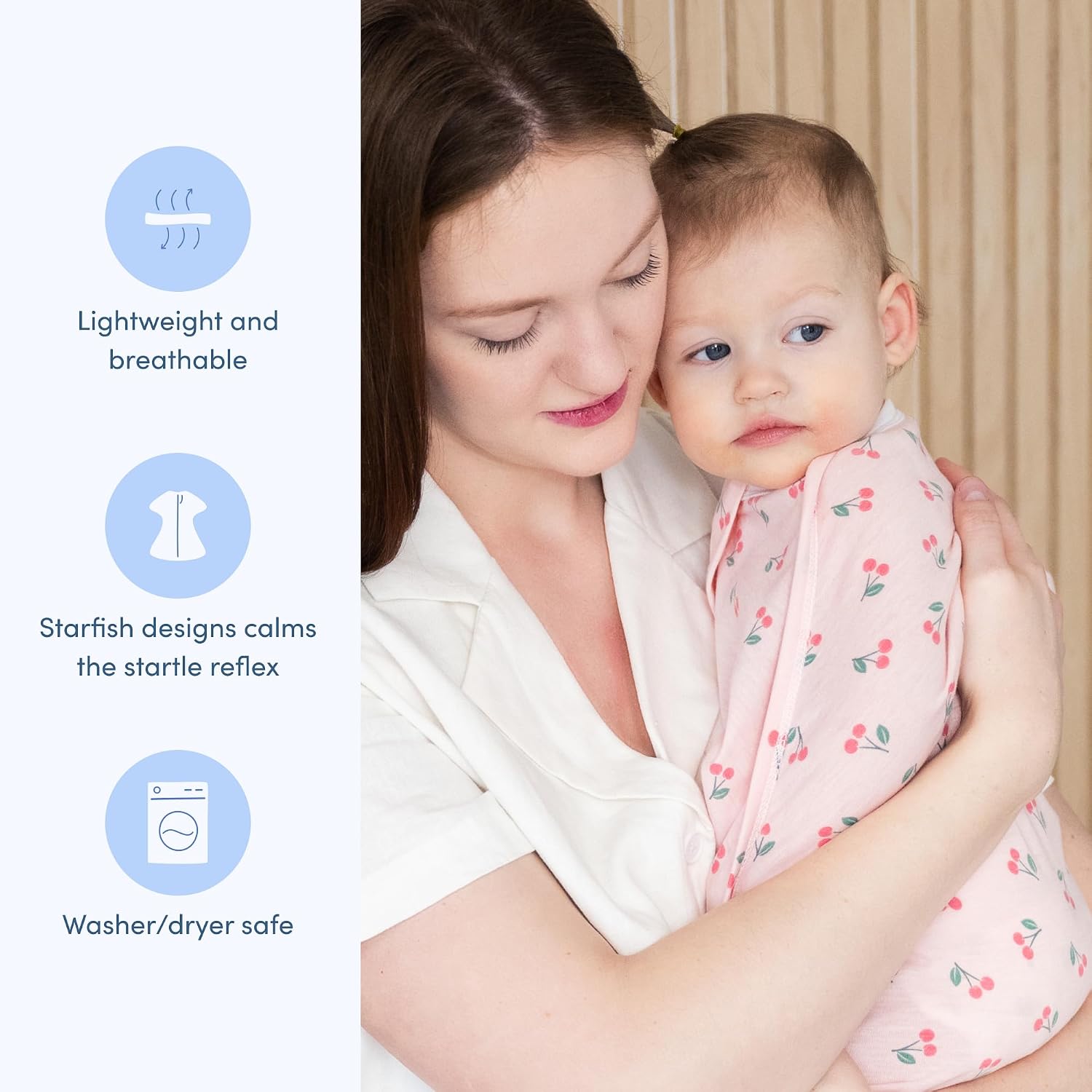 SleepingBaby Zipadee-Zip Transition Swaddle - Cozy Baby Swaddle Blanket with Zipper Convenience - Roomy Wearable Blanket for Easy Diaper Changes - Cherries, Medium (6-12 Month)