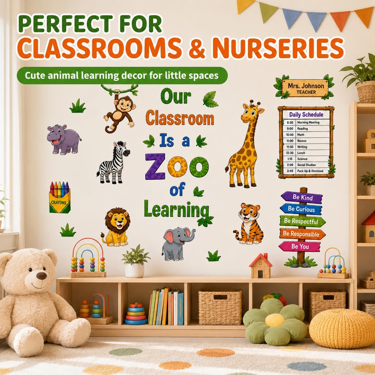 Zoo Animal Wall Stickers PVC Jungle Animal Wall Decals Tiger Elephant Giraffe Lion Monkey Wall Decor for Nursery Playroom Bedroom Classroom Kindergarten