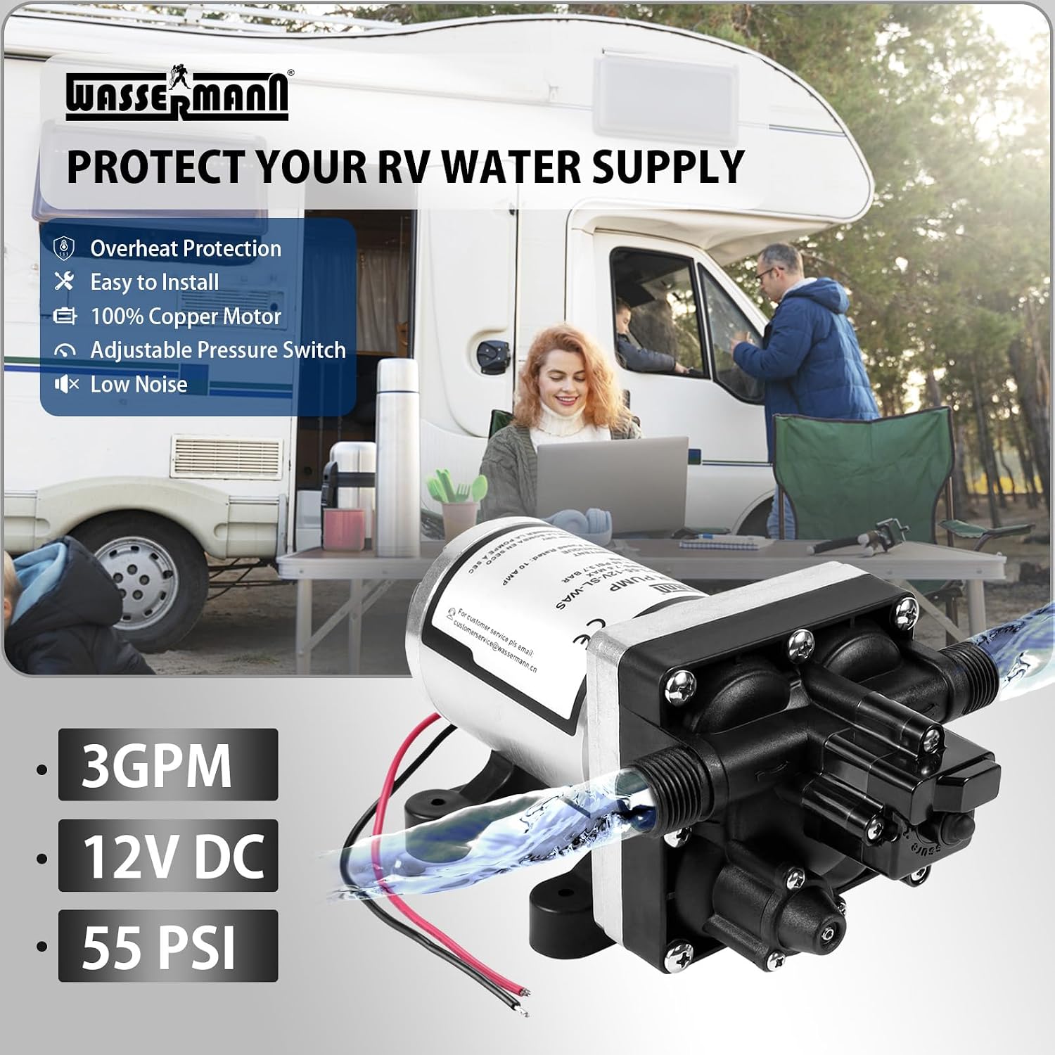 WASSERMANN RV Water Pump 12V DC 4008-101-A65/E65 Replacement, 3.0 GPM 55PSI, Quiet Pump with Pressure Switch for Camper RV Shower Garden Industrial Yacht Sprayer Food Truck Travel Trailer Water Pumps