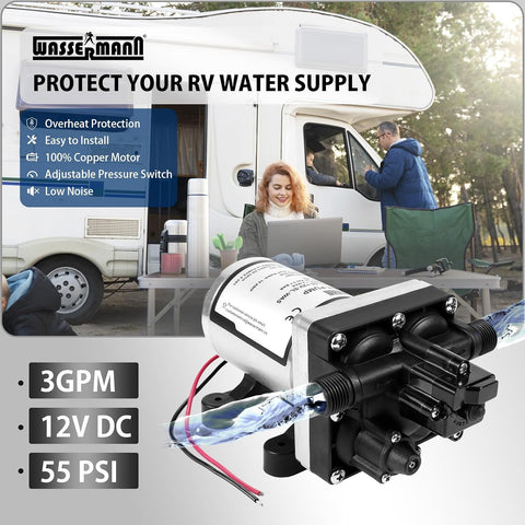 WASSERMANN RV Water Pump 12V DC 4008-101-A65/E65 Replacement, 3.0 GPM 55PSI, Quiet Pump with Pressure Switch for Camper RV Shower Garden Industrial Yacht Sprayer Food Truck Travel Trailer Water Pumps
