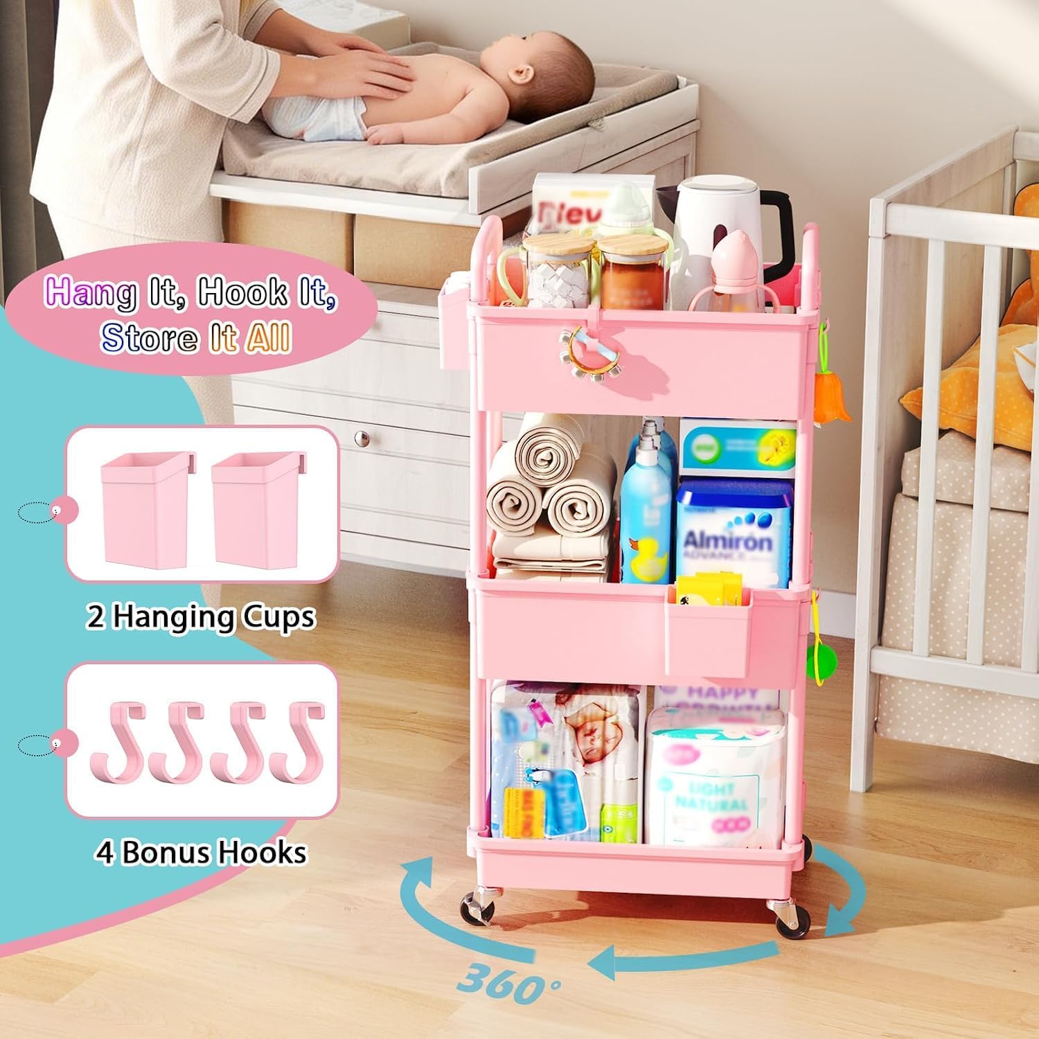 SUNALLY Baby Diaper Caddy Cart, 3 Tier Rolling Diaper Cart for Nursery,Pink