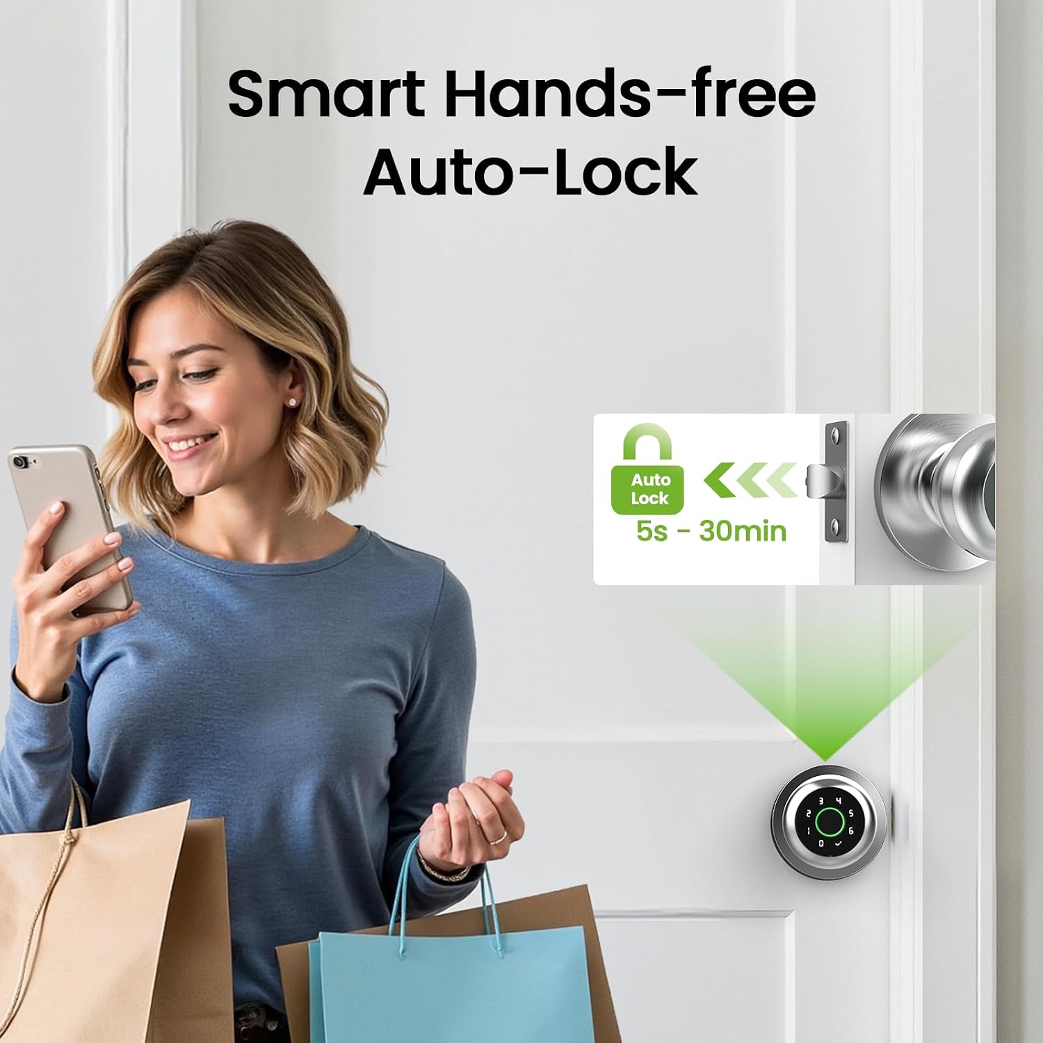 GHome Smart Fingerprint Door Lock, 4 in 1 Smart Fingerprint Door Knob with Keypad, App Control, Auto Lock, Biometric Door Knob with Lock for Bedroom, Apartment, Garage, Home & Office