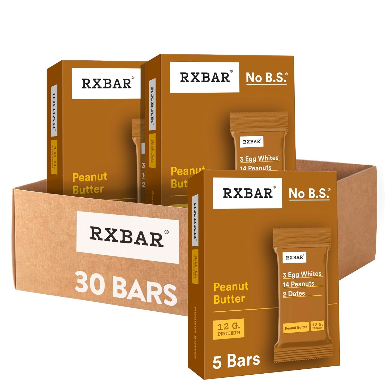 RXBAR Protein Bars, 12g Protein, Gluten Free Snacks, Peanut Butter (6 Boxes, 30 Bars)