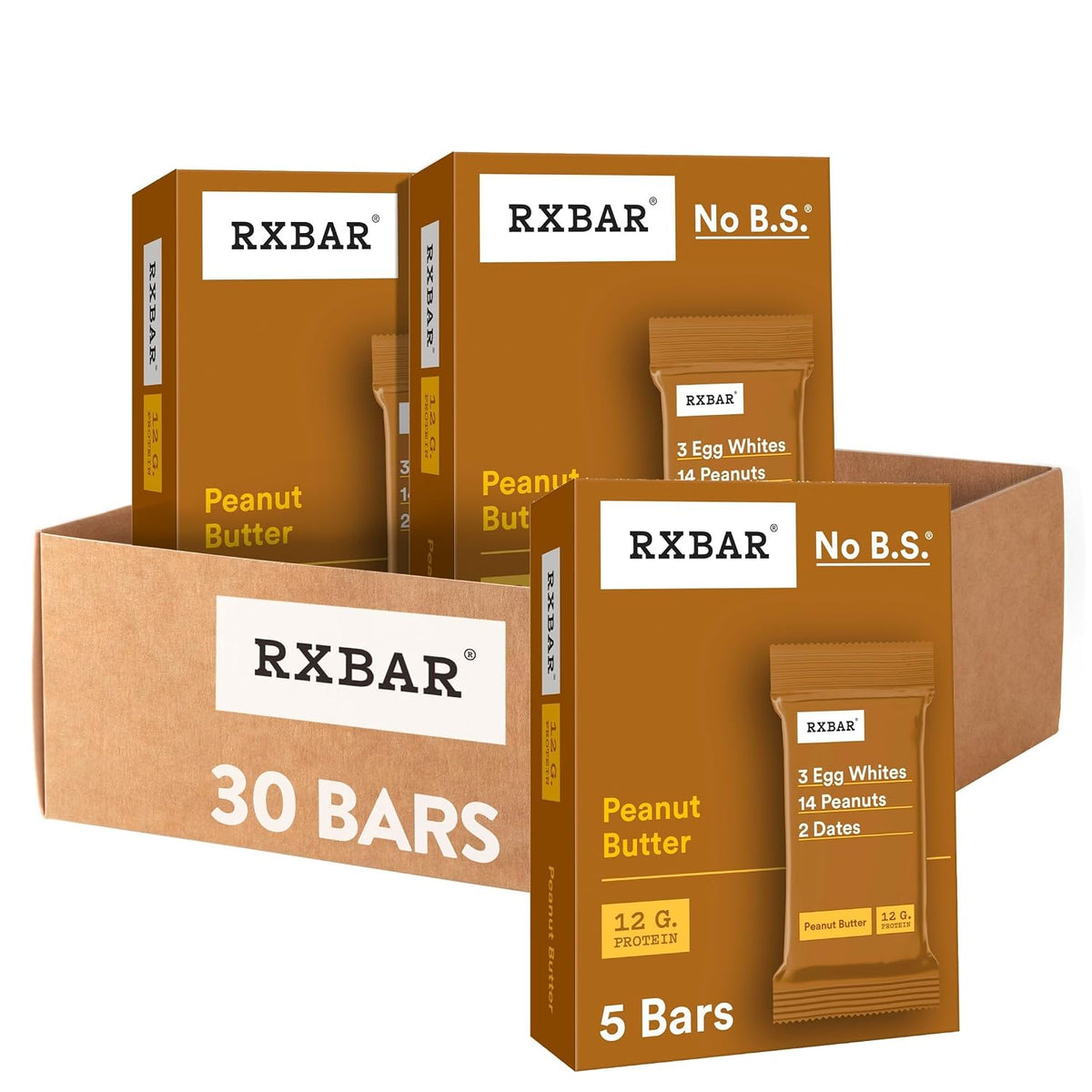RXBAR Protein Bars, 12g Protein, Gluten Free Snacks, Peanut Butter (6 Boxes, 30 Bars)