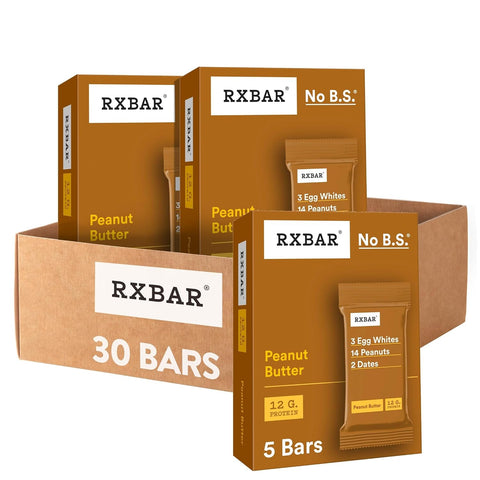 RXBAR Protein Bars, 12g Protein, Gluten Free Snacks, Peanut Butter (6 Boxes, 30 Bars)