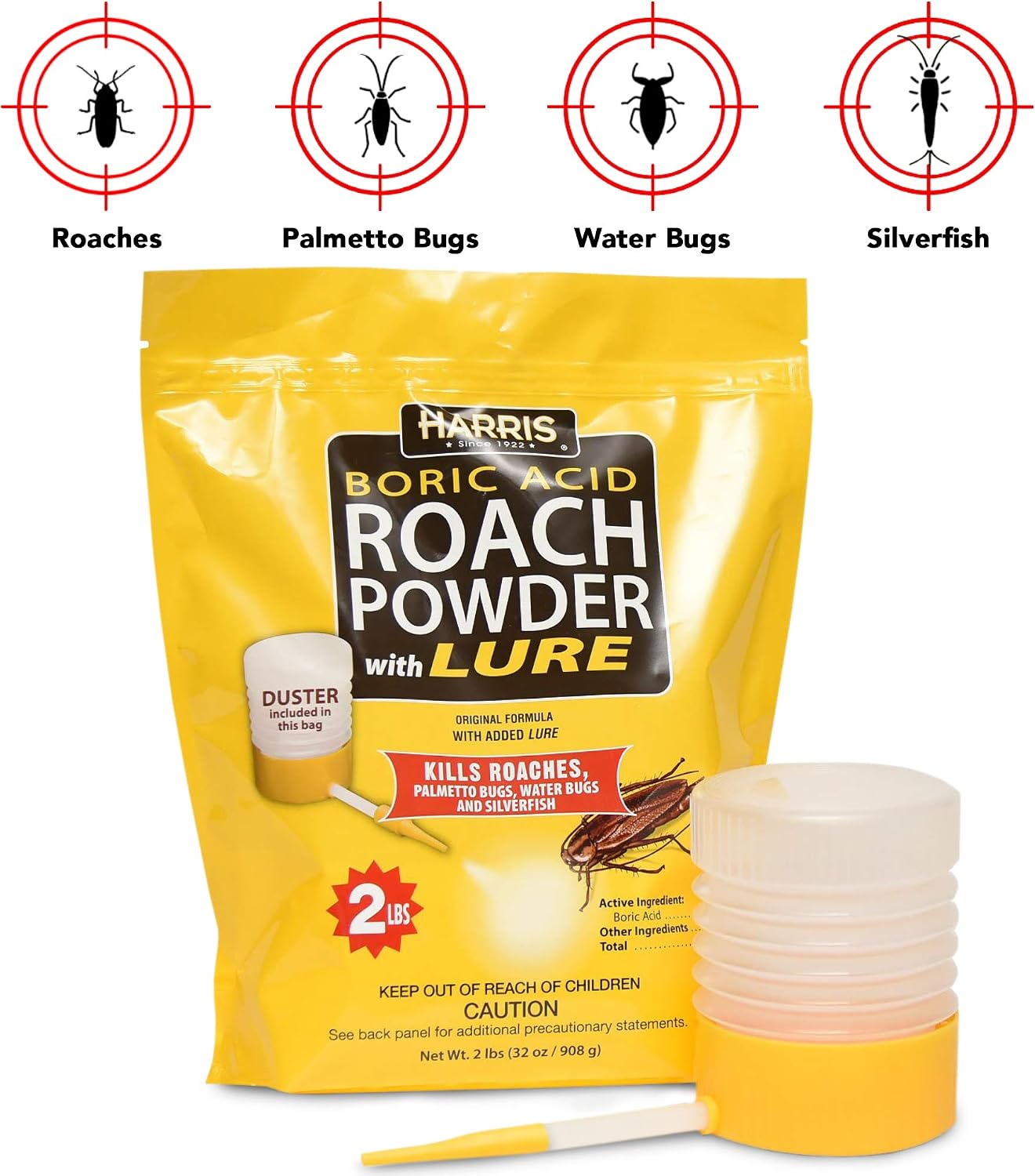 Harris Boric Acid Roach and Silverfish Killer Powder w/Lure, Powder Duster Included in The Bag (32oz)