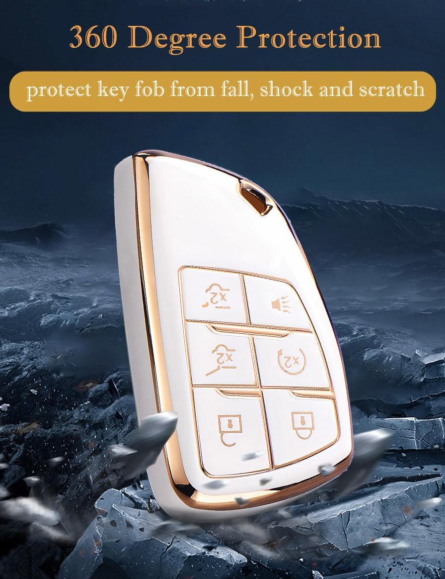 Key Fob Cover for Chevy GMC with Keychain, Tahoe Suburban Equinox Traverse Yukon Denali Terrain Buick Envision Premium Soft TPU Case (6 Buttons Ivory)
