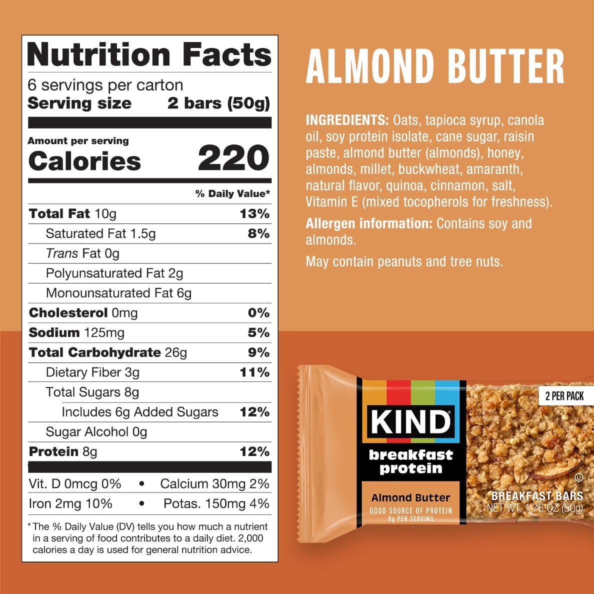 KIND Breakfast Protein Bars, Almond Butter, Gluten Free, Low Sodium, Healthy Snacks, 8g Protein, 30 Count (30 Packs of 2 Bars) | Perfect for busy mornings: a gluten-free healthy snack with whole grain oats for on-the-go energy. Includes 30, 2-bar packs.
