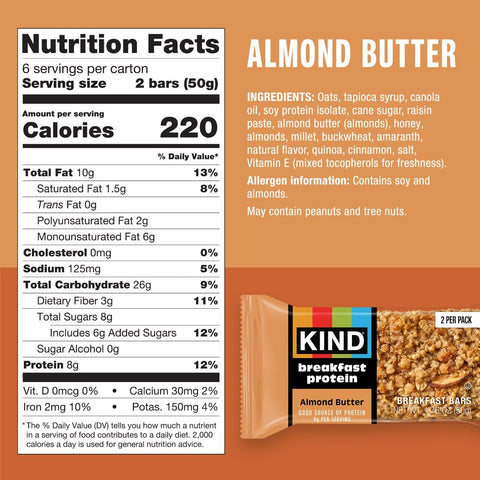 KIND Breakfast Protein Bars, Almond Butter, Gluten Free, Low Sodium, Healthy Snacks, 8g Protein, 30 Count (30 Packs of 2 Bars) | Perfect for busy mornings: a gluten-free healthy snack with whole grain oats for on-the-go energy. Includes 30, 2-bar packs.
