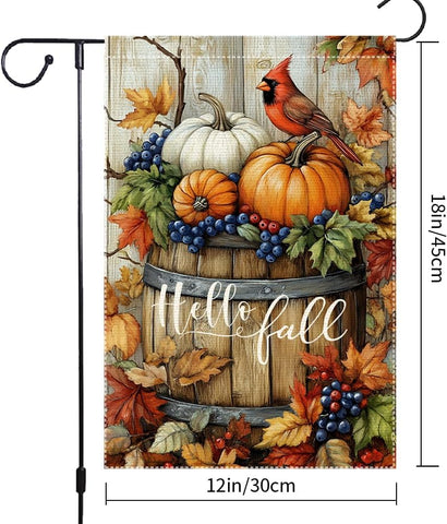 Welcome Fall Cardinal Garden Flag, Autumn Pumpkin Harvest Wooden Barrel Outdoor For Decor, 12x18 Inch Double Sided Burlap Maple Leaf Farmhouse Home Decor Yard Party Thanksgiving Decoration