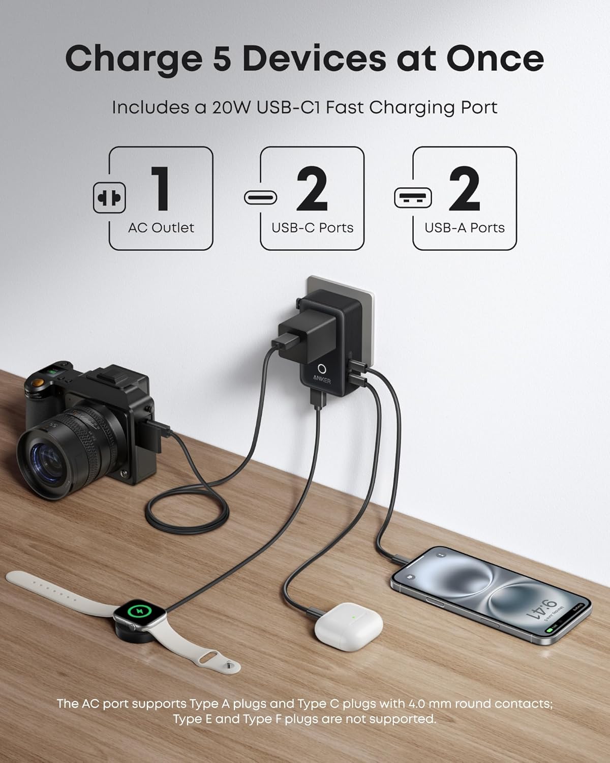 Anker Nano Travel Adapter, 2 USB C Universal Charger, 20W, 1× 2-Pin AC