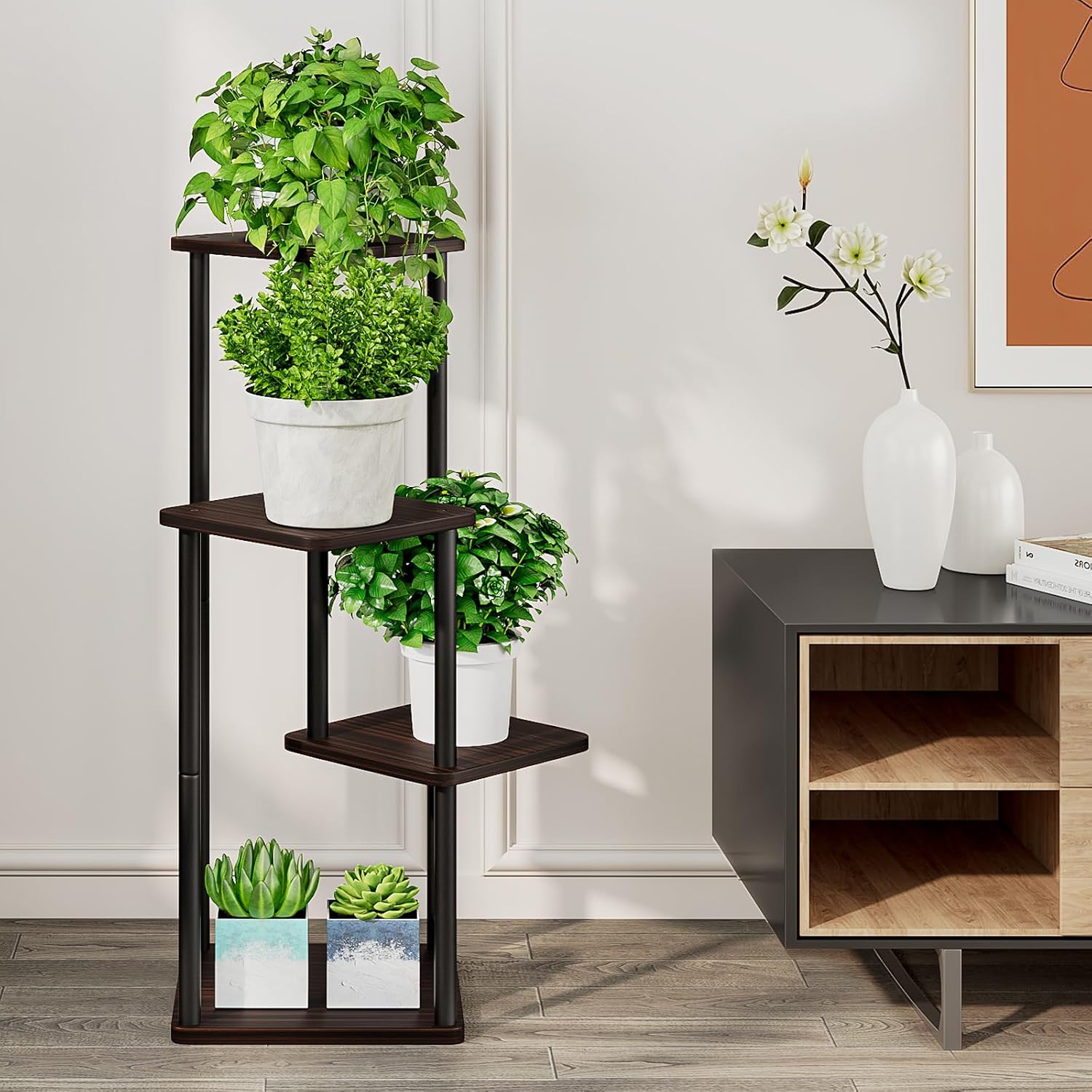 AZERPIAN 4 Tier Tall Plant Stand Indoor Corner Tiered Shelf Metal MDF Board