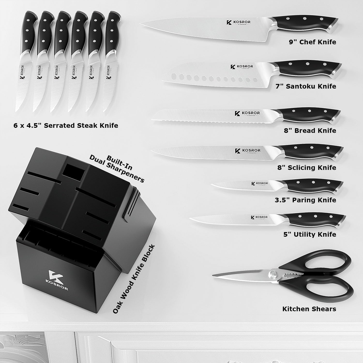 Kitchen Knife Set with Block & Dual Sharpener 15pc German Steel