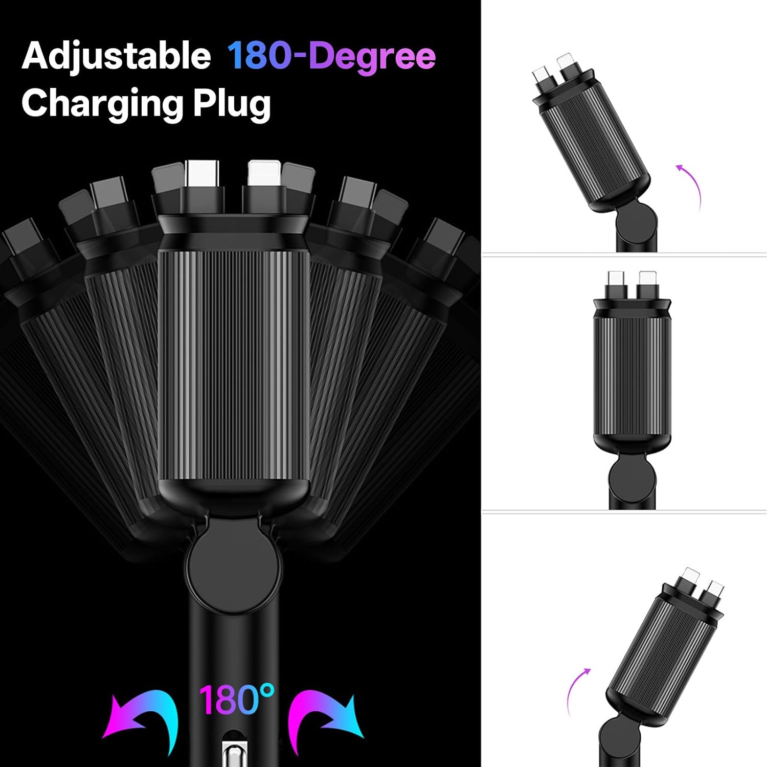 Retractable Car Charger, 4-in-1 Fast Charger with USB-C & USB-A
