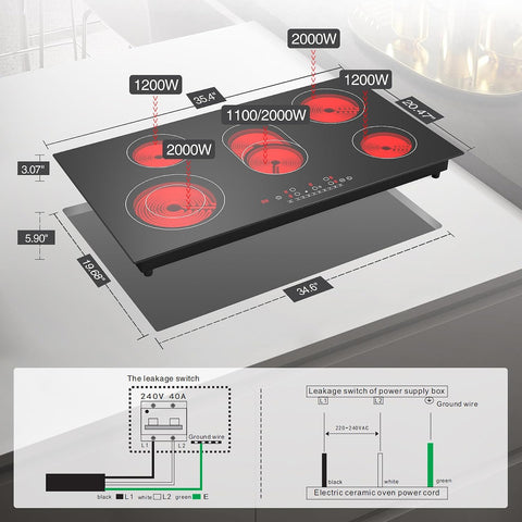VBGK Electric cooktop 36 inch,Electric Stove burner,Built-in and Countertop Stove Top, LED Touch Screen,9 Heating Level, Timer & Kid Safety Lock, Touch Control,240V 8600W Cooktop